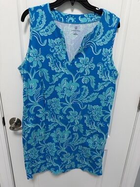 Lands' End Women's Floral V-Neck Sleeveless Swim Coverup,Shades of Blue, Size 14